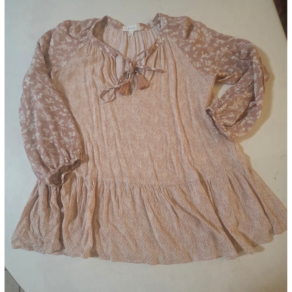 Be Cool Boho Peplum Tunic Women Small Pink Floral Tassel Tie‎ Long Sleeve Top